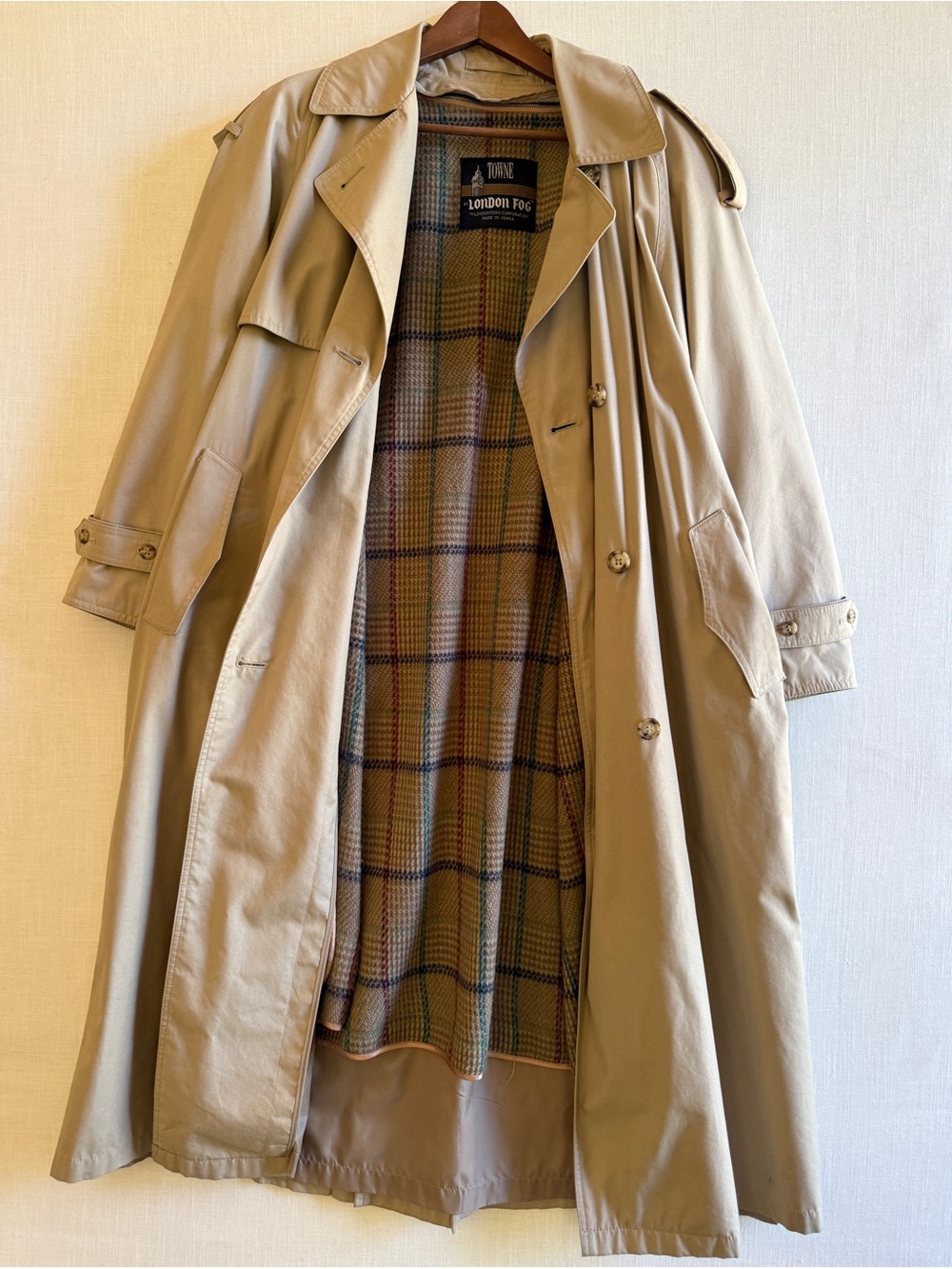 Vintage Towne by London Fog Beige Trench Coat w/ Removable Plaid Liner Sz 8